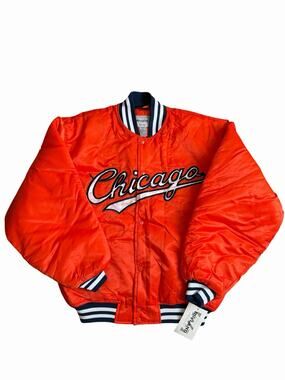 Vintage 90s Big Land Chicago Satin Bomber Jacket Orange Made Korea NWT M